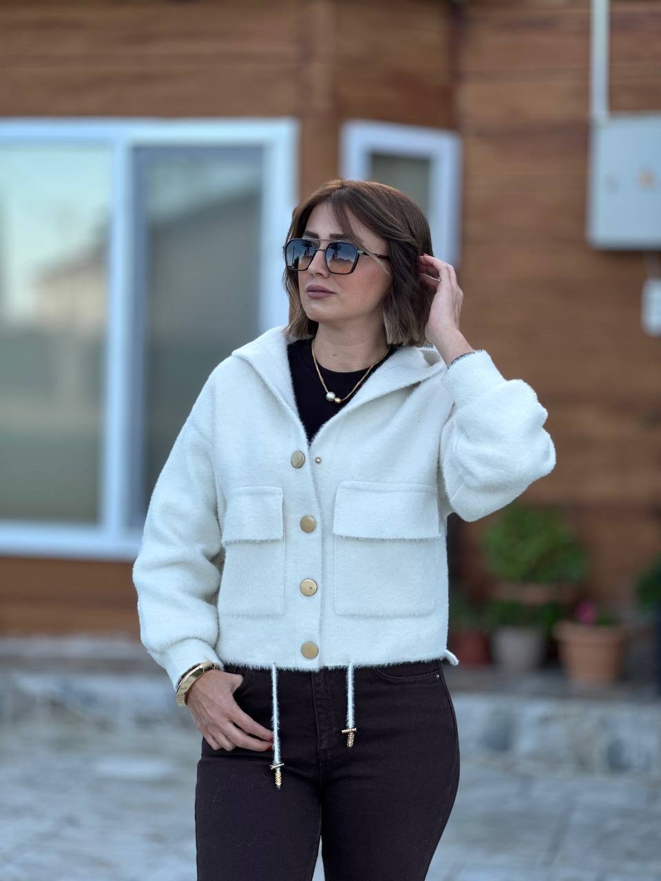 Kapşonlu Hırka Ekru 4