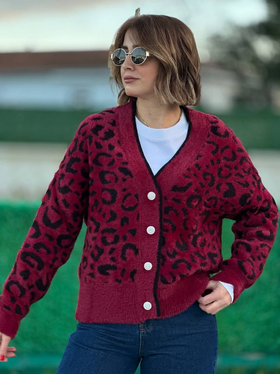 Kırmızı leopar hırka