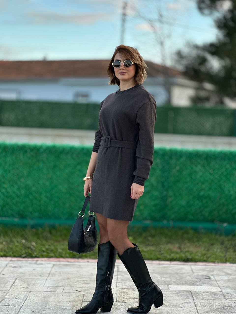 Triko elbise kemerli Gri 2