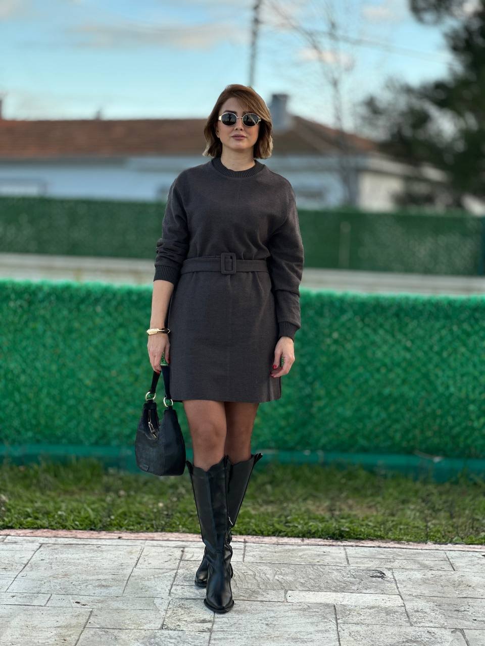 Triko elbise kemerli Gri 3