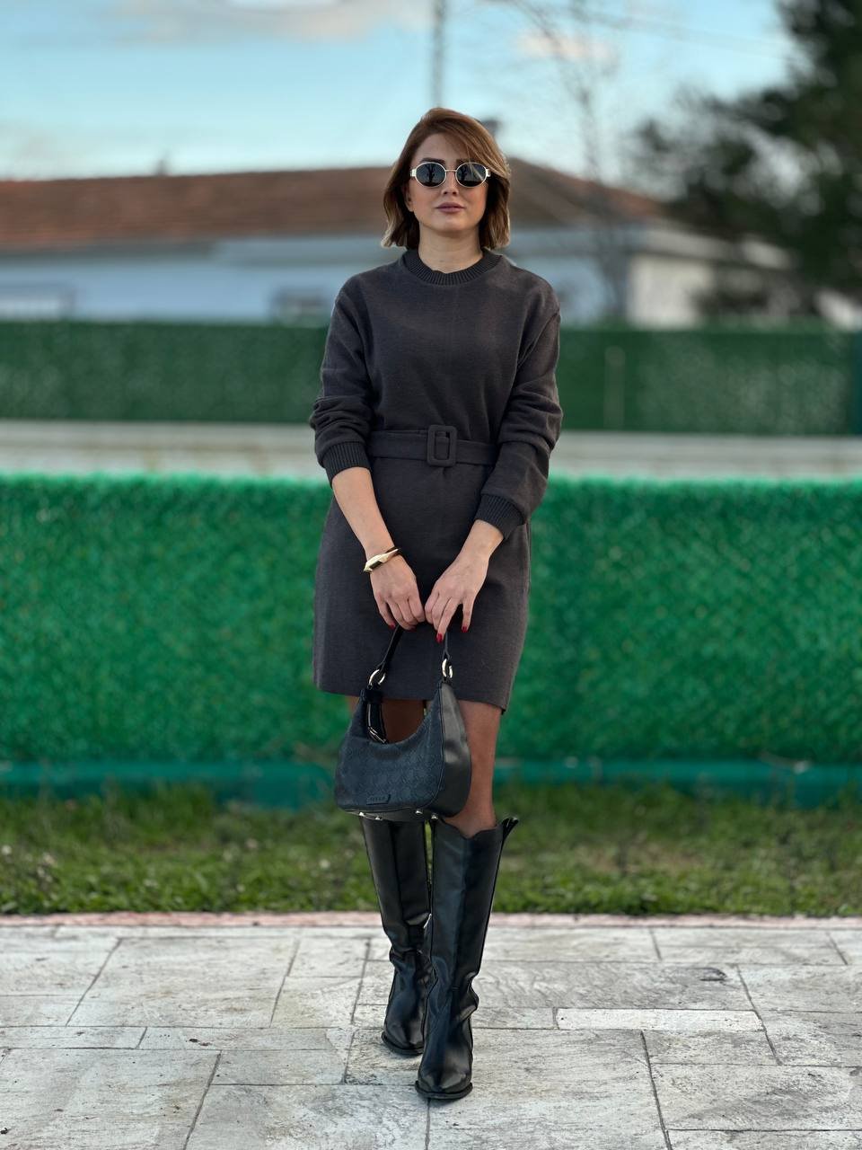 Triko elbise kemerli Gri 6