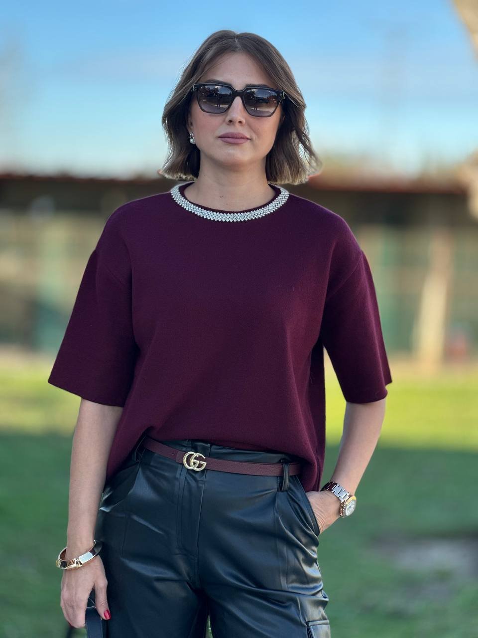 Yakası İşlemeli Bordo Triko 2