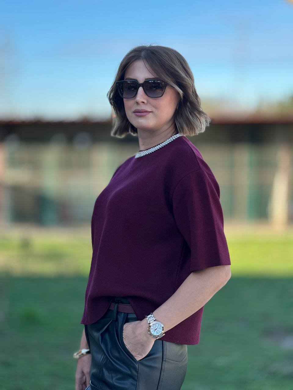 Yakası İşlemeli Bordo Triko 5