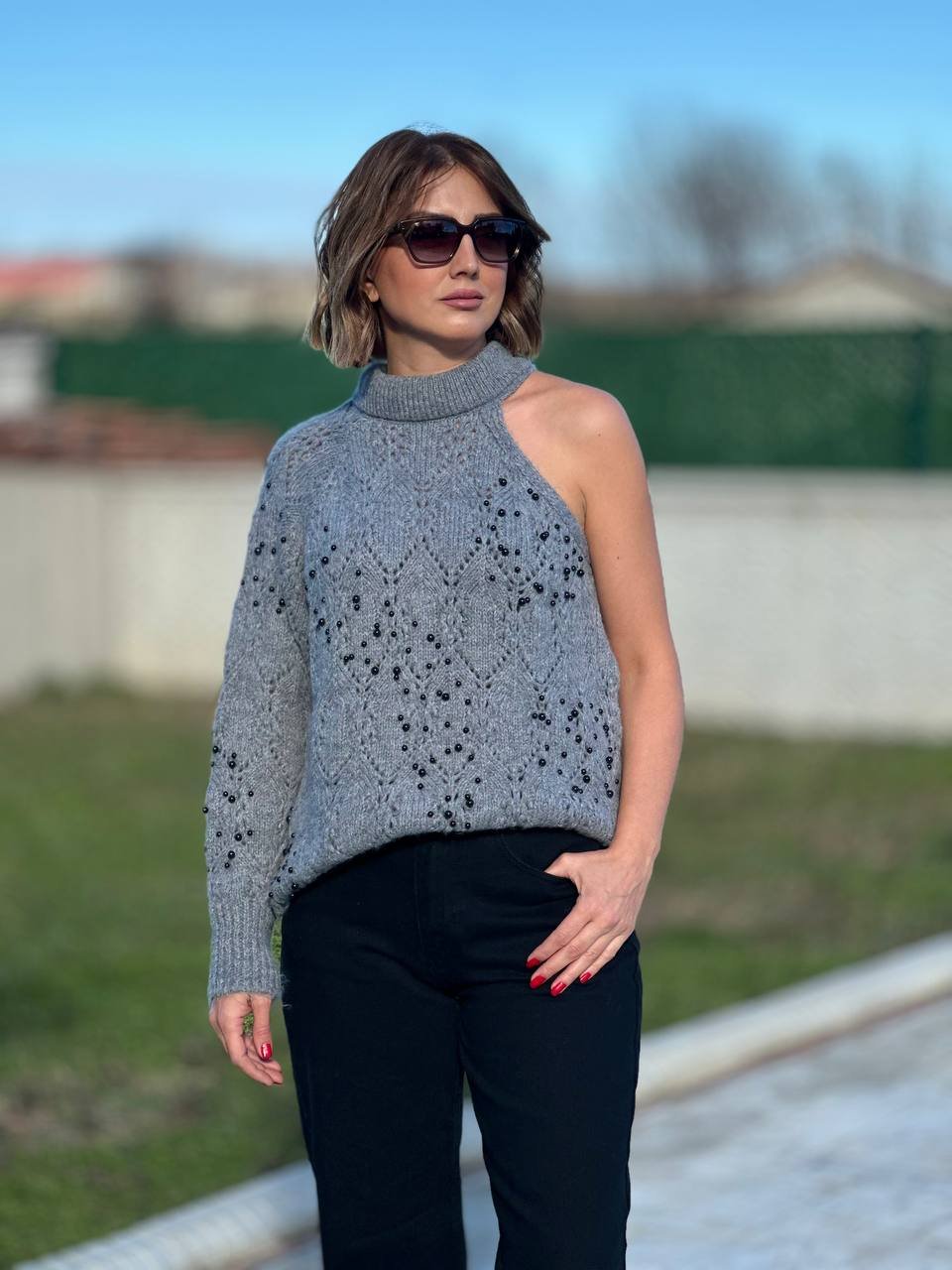 Zr inci detay tek omuz triko 2